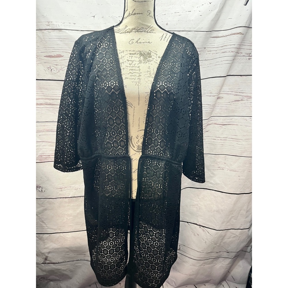 Catalina Womens Plus 3X Black Geometric Lace Open Front Cardigan Coverup